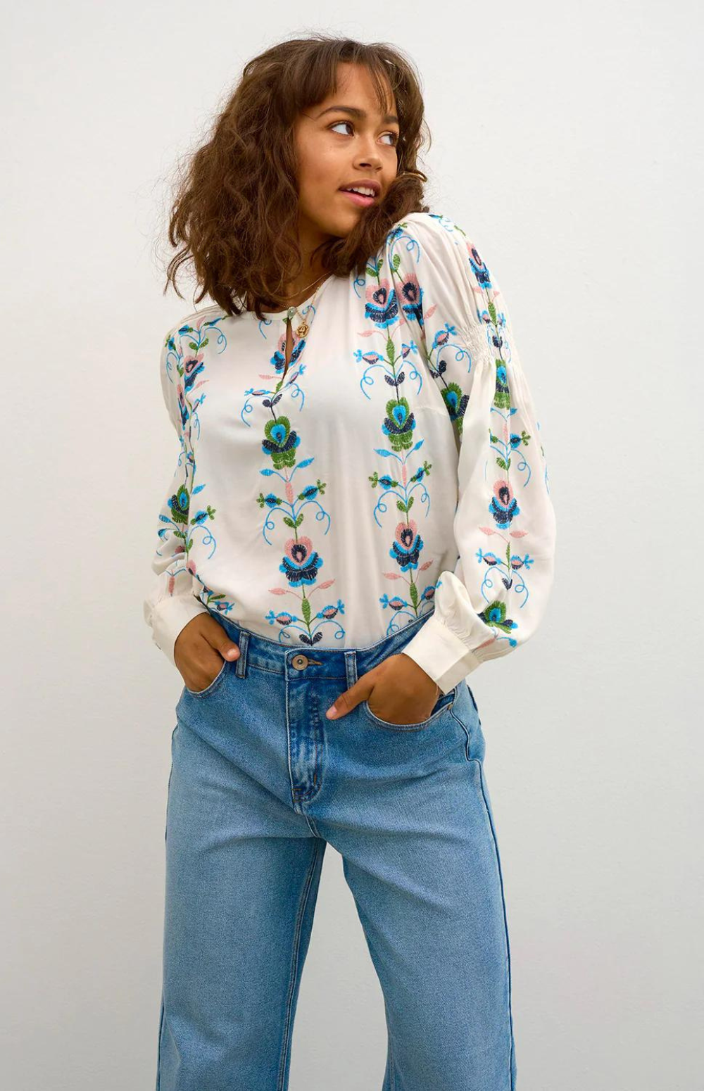 Cream - Polly Embroidered Blouse in Floral Green