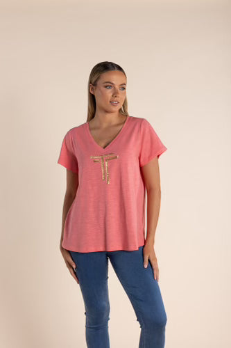Two T's - Sequin Logo Tee in Coral