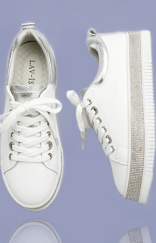 Lavish - Leather White Crystal Sneakers