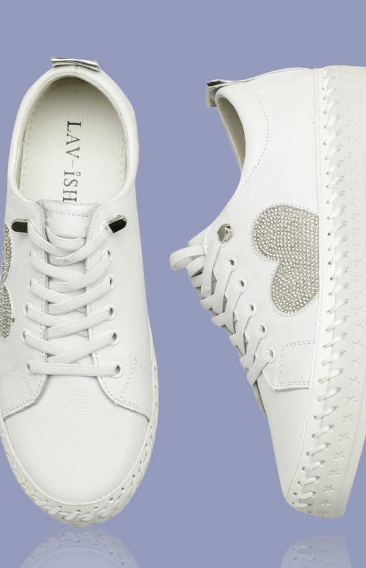 Lavish - Leather Sneakers with heart shaped Crystal White/Silver